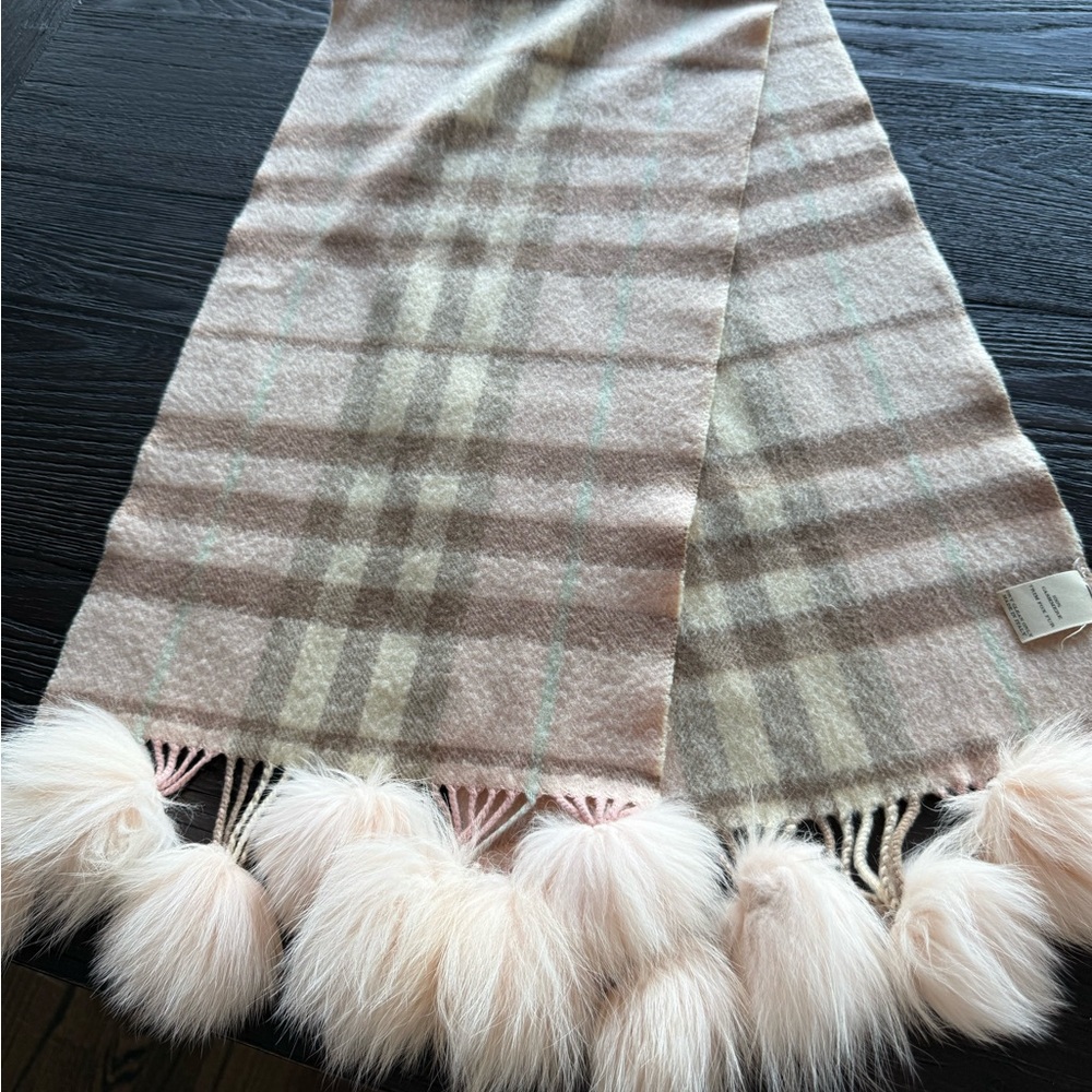 Burberry Plaid Scarf with Faux Fur Pom Poms